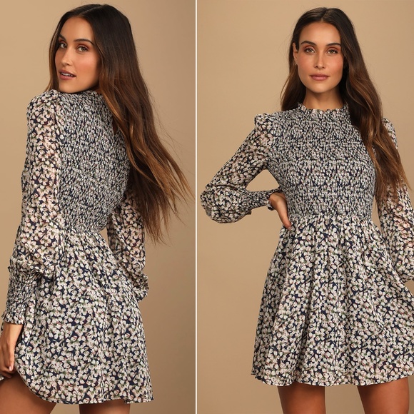 Lulus Dresses & Skirts - NWT. Lulu's. Floral Forever Navy Blue Floral Print Smocked Dress. XS